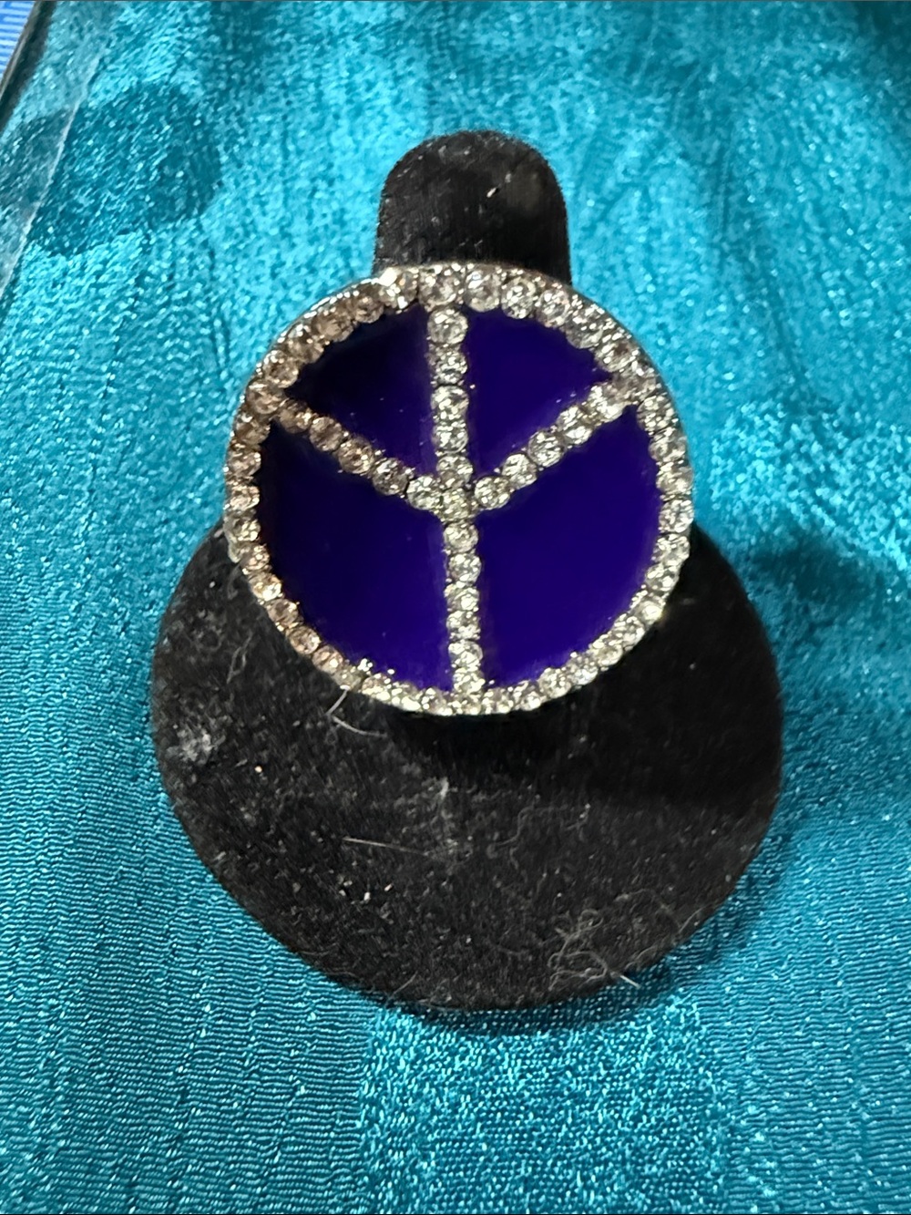 Crystal Peace Sign Ring in Deep Blue